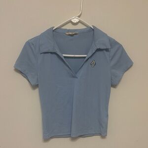 Wild Skye Blue Ribbed Women's Polo Shirt cropped logo casual lounge minimalist